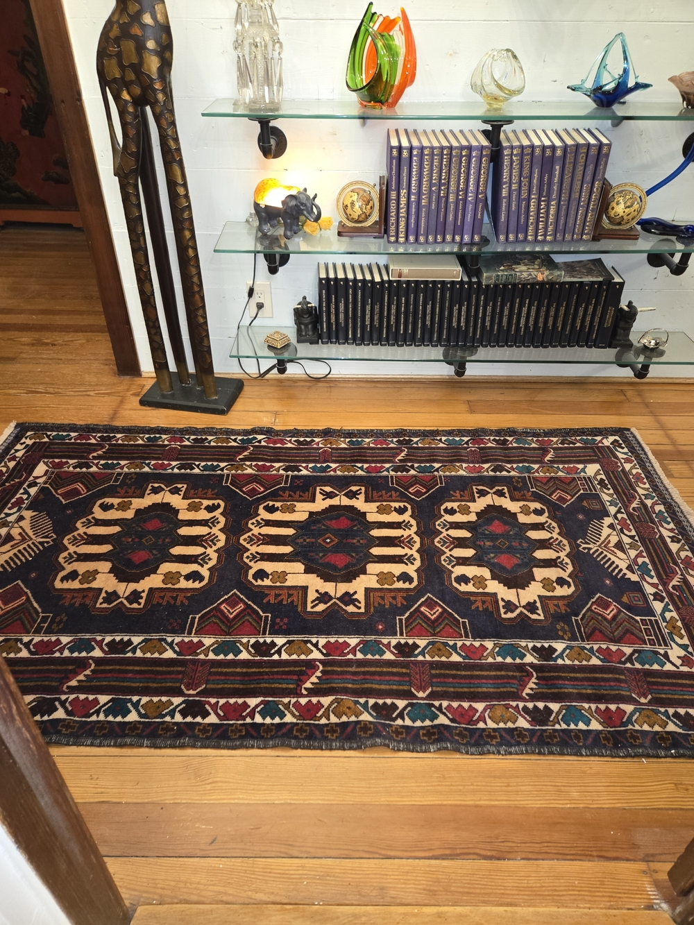 Handwoven Geometric Wool Rug in Navy and Beige